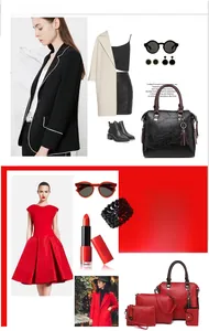 Dettaglio di borsa elegante con nappa e set coordinato di quattro pezzi coordinati