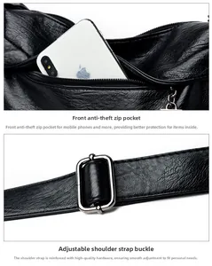 Detail of the anti-theft front zipper pocket and adjustable metal strap buckle of the black bag