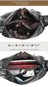 Detailed view of women's leather bag interior with multiple compartments and storage space