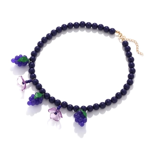 Handmade beaded grape flower pendant necklace with purple beads and golden clasp
