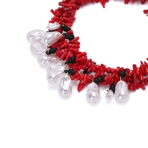 Elegant multi-strand red coral-style beaded necklace with baroque pearl pendants