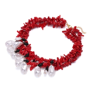 Elegant red coral bead layered necklace with irregular baroque pearl pendants and gold clasp