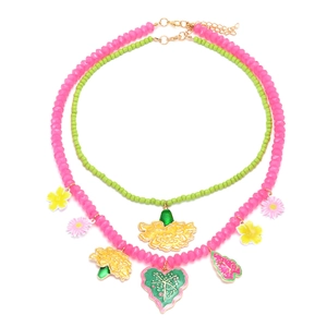 Layered colorful enamel flower pendant necklace with macaron beads and gold clasp