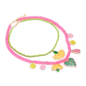 Colorful multi-layer beaded necklace featuring enamel flower charms and golden lobster clasp