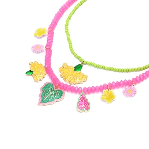 Layered macaron bead necklace with colorful enamel flower pendants for summer holidays.