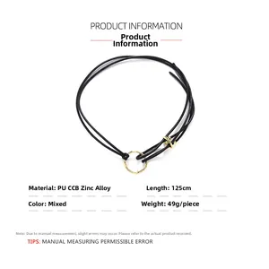 Detail of 125cm PU leather waist chain with textured golden geometric rings accessory