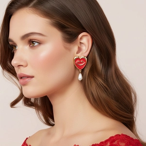 Retro Heart Lip Drop Earrings Red Enamel Zinc Alloy With Stainless Steel Earring Post Teardrop Imitation Artificial Pearl For Women