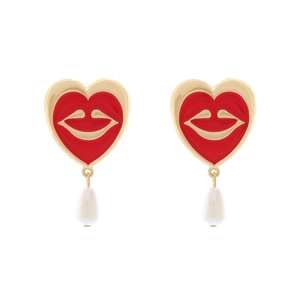 Vintage gold earrings with red enamel hearts, gold lips and white teardrop pearls