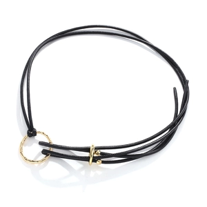 Minimalist black PU leather cord waist chain with golden geometric rings and hammered metal