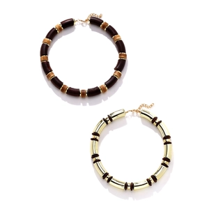 Layered geometric wood beads and resin necklaces with metallic gold accents on white background