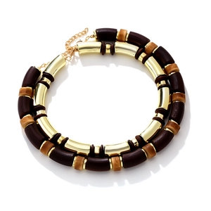 Bohemian double-layer necklace with geometric wood and amber resin beads on white background