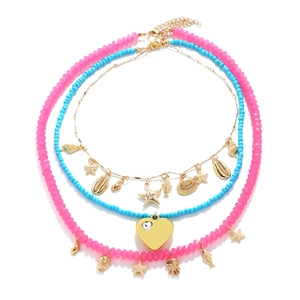Layered Ocean Theme Necklace Set Starfish Shell Heart Charms Pink Blue Resin Beads Zinc Alloy Summer Beach Jewelry Women