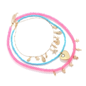 Three-layer ocean theme necklace with pink blue beads and starfish shell heart pendants
