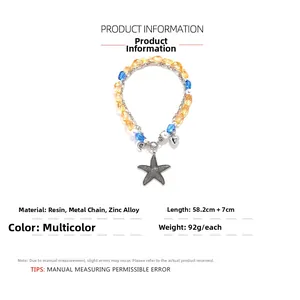 Detailed size chart of multicolor beaded necklace with silver starfish and heart pendants
