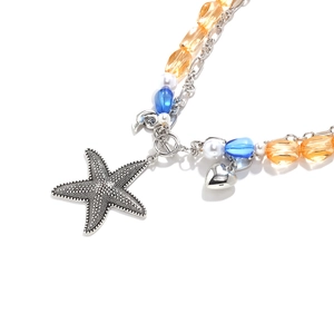 Multilayer ocean necklace with starfish, heart pendants, colorful beads and pearls