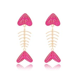 Gold-plated fishbone drop earrings with pink enamel hearts and 'me!' engraved detail