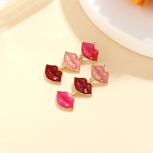 Exaggerated long alloy lip drop earrings with colorful enamel and gold-plated finish