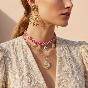 Ocean Theme Multi Layer Necklace Alloy Starfish Conch Shell Charms Gingham Fabric Braid Holiday Bohemian For Women