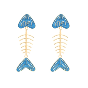 Golden fishbone earrings with blue enamel and me! lettering on white background