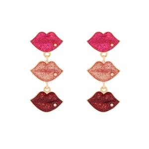 Exaggerated long alloy lip pendant earrings with red enamel gradient and gold edges