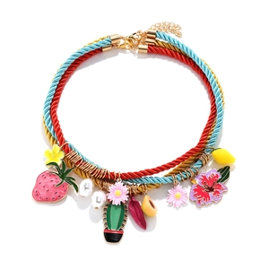 Multi Layer Woven Rope Necklace With Alloy Strawberry Cactus Flower Fruit Pendants And Imitation Artificial Pearl Summer Beach Jewelry