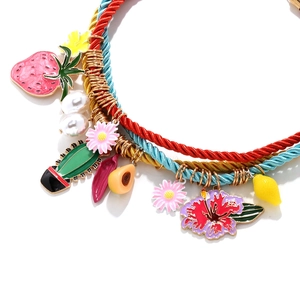 Summer Bohemian multi-layered woven rope necklace with strawberry and cactus charms