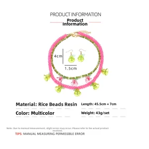 Detailed size specifications of handmade beaded flower necklace and matching earrings set