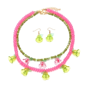 Lily Of The Valley Flower Pendant Double Layer Beaded Necklace And Earrings Handmade Sweet Pastoral Style Women Alloy Resin