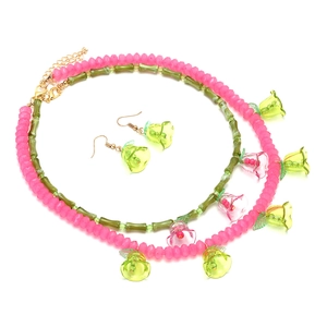 Handmade beaded flower necklace and earring set in pink and green luxury summer style