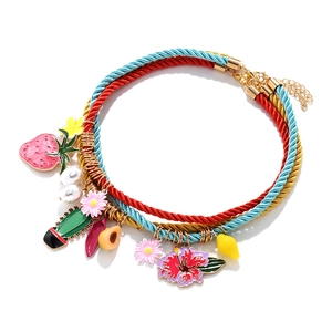 Layered summer rope necklace featuring colorful strawberry and cactus charms with pearls