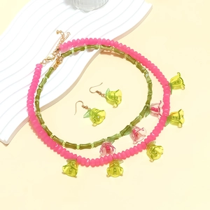 Handmade beaded floral necklace and earrings set with pink and green summer garden charms