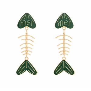 Golden fishbone drop earrings with green enamel hearts and me! letter engraving