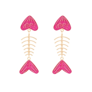 Chic pink enamel fishbone drop earrings with gold plating and me! engraving