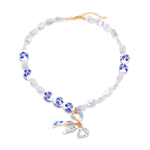 Blue And White Porcelain Style Bow Pendant Necklace Irregular Imitation Artificial Pearls Floral Ceramic Beads Zinc Alloy Oriental Women