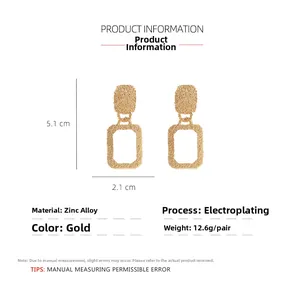 Detailed technical drawing of golden geometric rectangle earrings with dimensions and specs