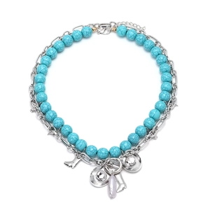 Vintage Western Cowboy Double Layer Necklace With Alloy Hat Boot Pendants Turquoise Style Resin Beads Faux Artificial Pearl For Women Bohemian