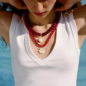 Collier À Double Rangée En Perles De Résine Rouge Pendentifs Crabe Coquillage Océan Bijoux De Plage Été Pour Femmes
