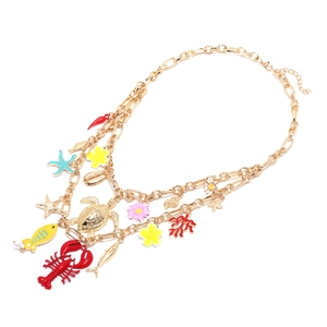 Multi-layer gold necklace with tropical fish lobster coral and turtle sea pendants