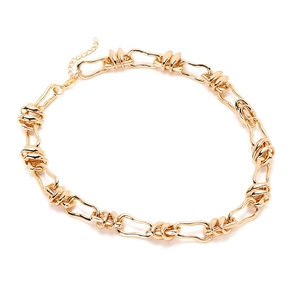 Golden link necklace with unique U-shaped rings and twisted knot design on white background