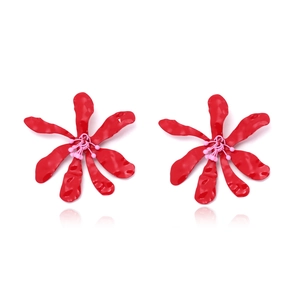 Grandes Boucles D'Oreilles Fleurs Rouges Avec Tige En Acier Inoxydable Bijoux Floraux En Métal Martelé Style Vacances