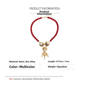 Detail specifications of red beaded shell necklace with tropical fish charm and dimensions