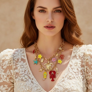 Multi-Layer Gold Alloy Enamel Ocean Pendants Necklace Lobster Turtle Starfish Coral Flower Summer Jewelry Women
