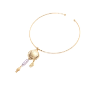 Golden choker necklace with seashell, fish pendant and baroque pearl in ocean style