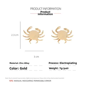 Detailed view of crab stud earrings with measurements and zinc alloy material specs