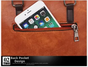 Vista macro di borsa in pelle marrone con tasca posteriore a zip funzionale per cellulare