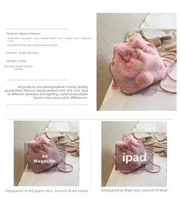 Detailed view of the pink faux fur bucket bag showing soft texture and drawstring design