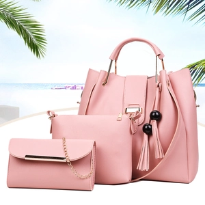 Pink 3-piece bag set with tassel decor, shoulder tote, crossbody and chain wallet