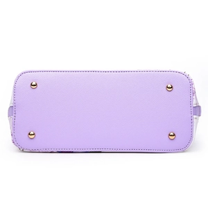 Bottom view of lavender shell bag with Saffiano texture and golden protective metal feet