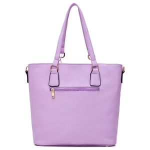 Chic purple faux leather tote bag with gold zipper pocket and stylish printed dual straps