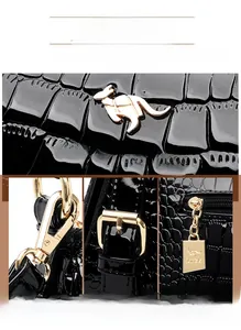 Détails du logo de kangourou doré et de la texture crocodile sur le sac en cuir noir